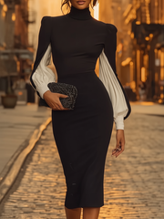 Maeyira Black Midi Dress - Contrast White Balloon Sleeves