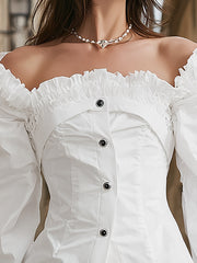 Maeyira Elegant White Off-Shoulder Blouse with Layered Ruffle Trim