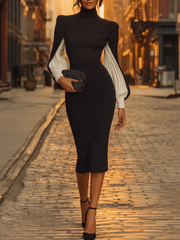 Maeyira Black Midi Dress - Contrast White Balloon Sleeves