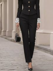 Maeyira Chic Lace-Collared Fitted Blazer & Cigarette Pants Suit Set