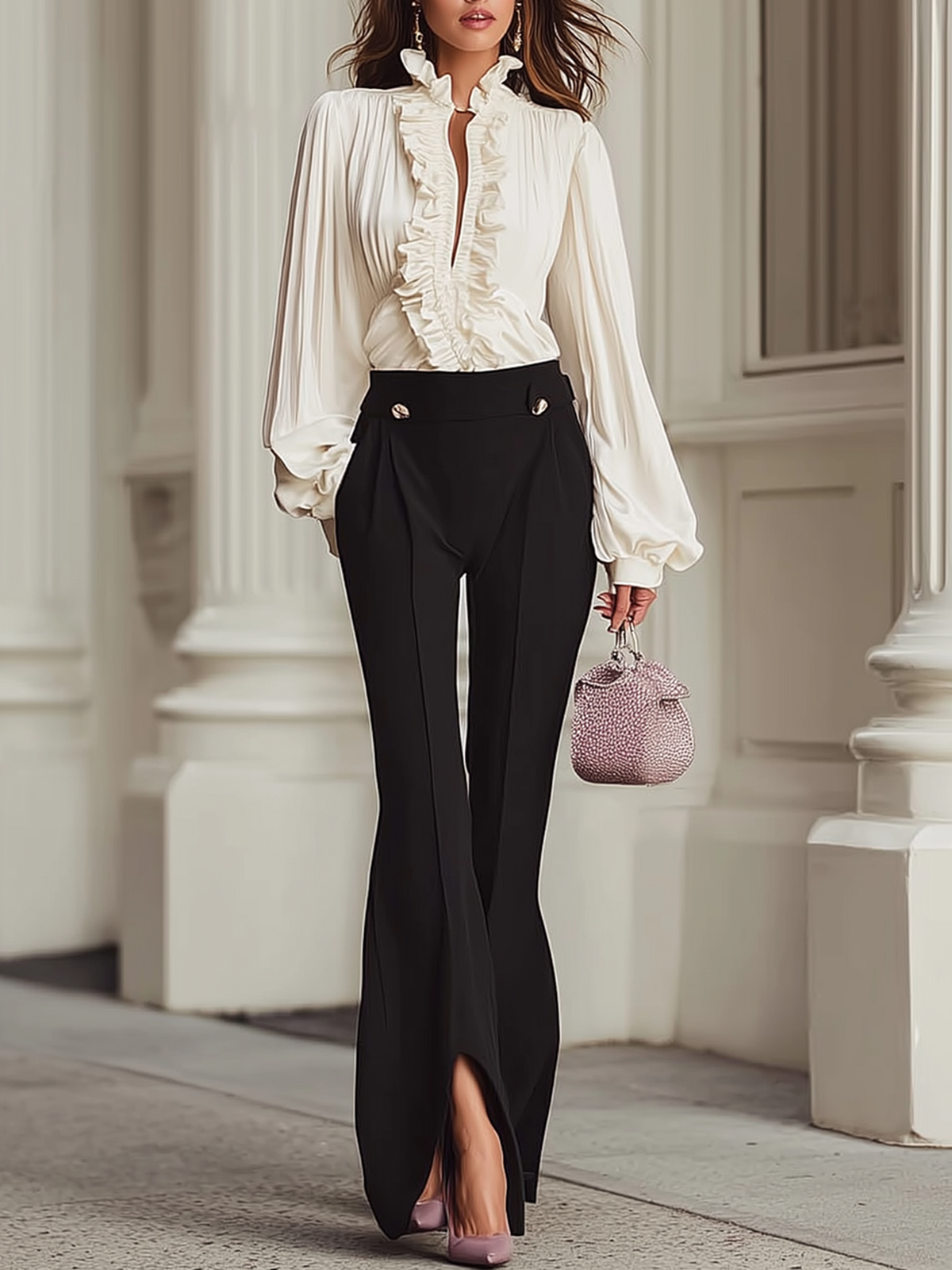 Maeyira Chic Puff Sleeve Ruffle Blouse & Split Hem Pants Set