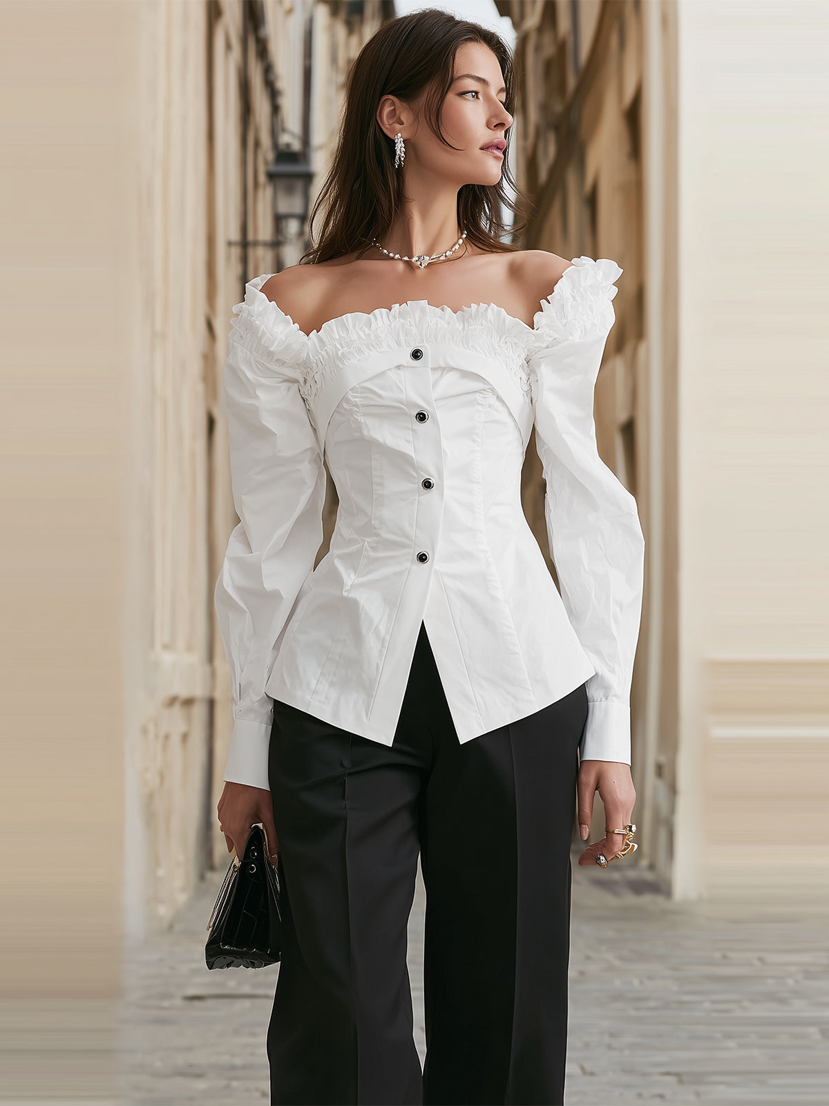Maeyira Elegant White Off-Shoulder Blouse with Layered Ruffle Trim