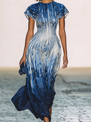 Maeyira Blue Ombre Stripe Maxi Dress Short Sleeve Flowy