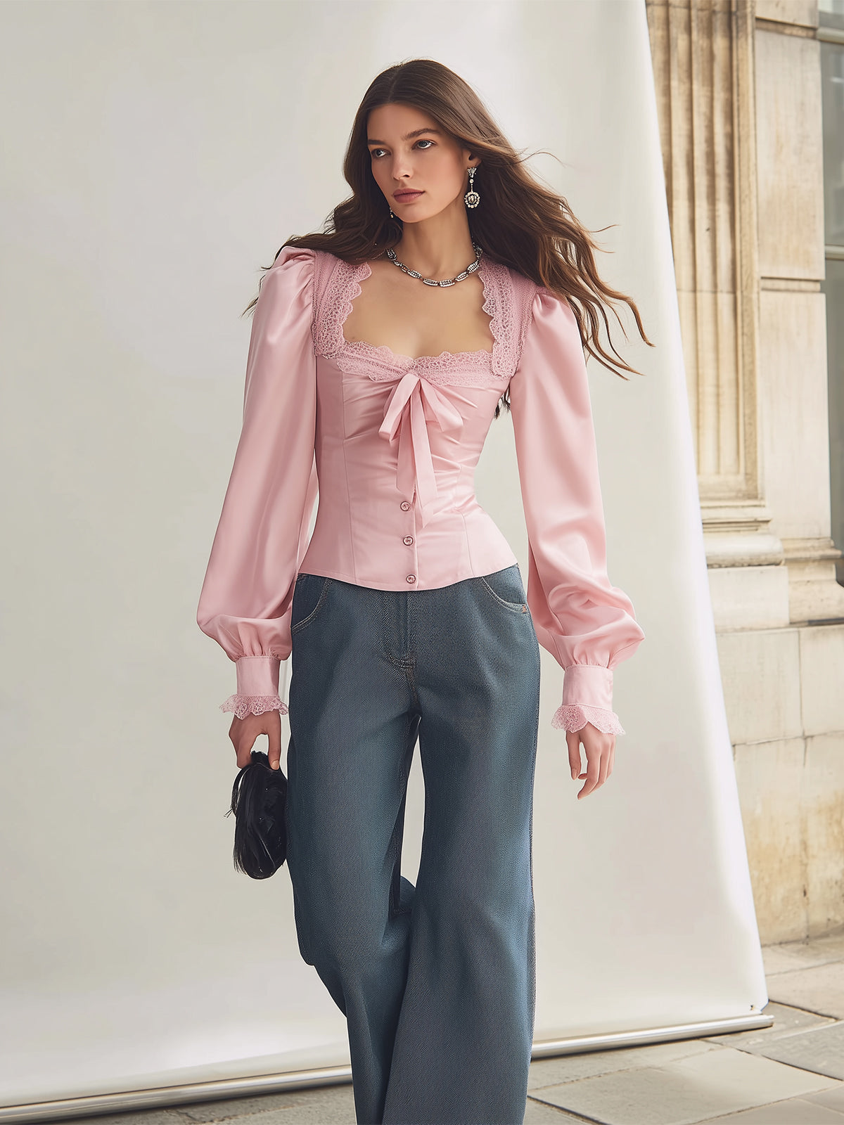 Maeyira Blush Satin Blouse with Elegant Lace Trim - V-Neck Style