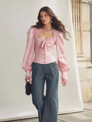 Maeyira Blush Satin Blouse with Elegant Lace Trim - V-Neck Style