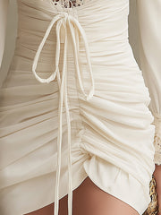 Maeyira Elegant Deep V-Neck Dress - Cream with Crochet Lace Detail