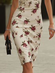 Maeyira White Floral Print Midi Dress with Ruffle Sleeves