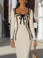Maeyira Cream Knit Midi Dress Black Contrast Trim Bow Detail