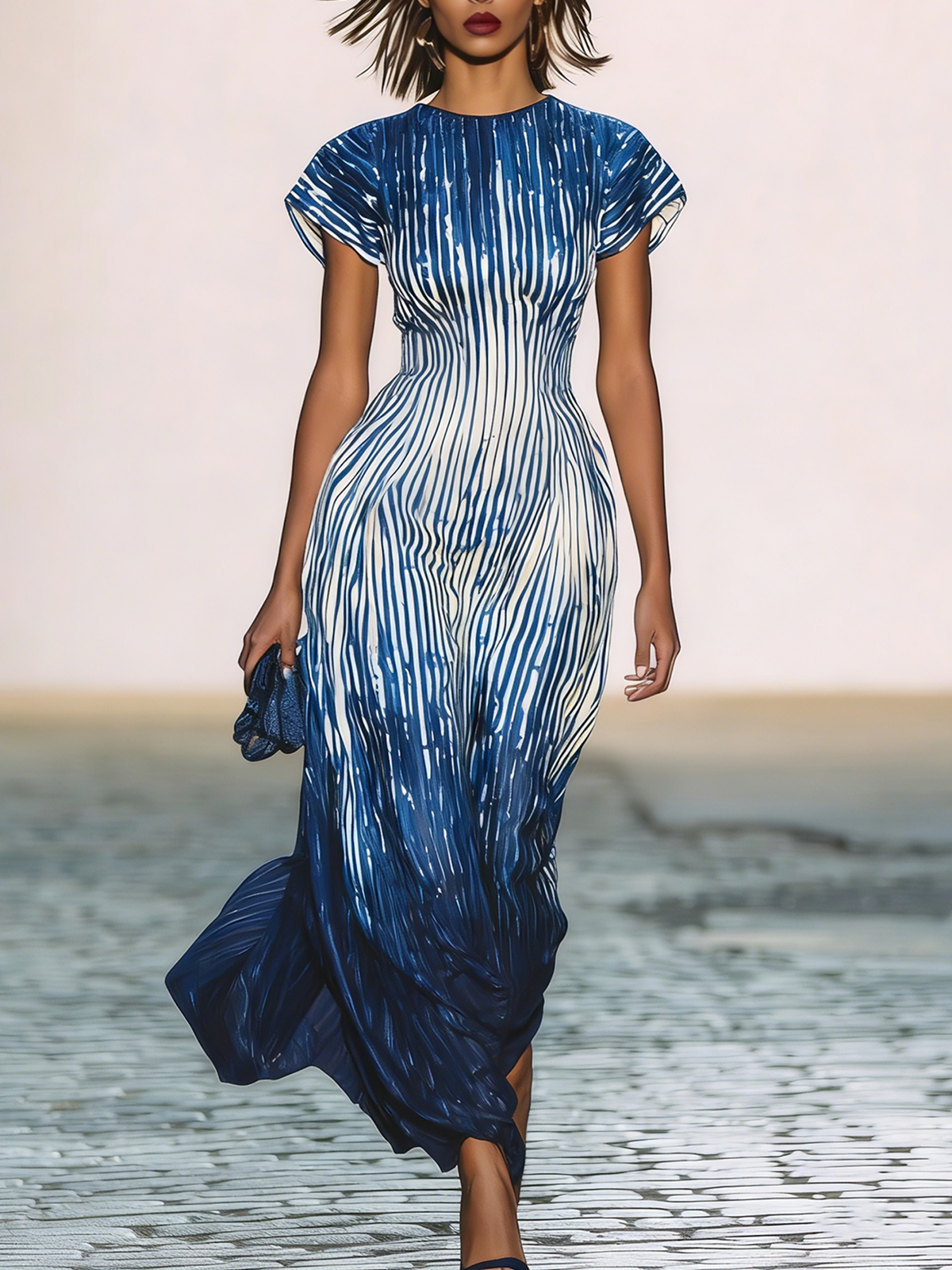 Maeyira Blue Ombre Stripe Maxi Dress Short Sleeve Flowy