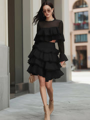 Maeyira Black Two Piece Tiered Ruffle Crop Top Mini Skirt Set