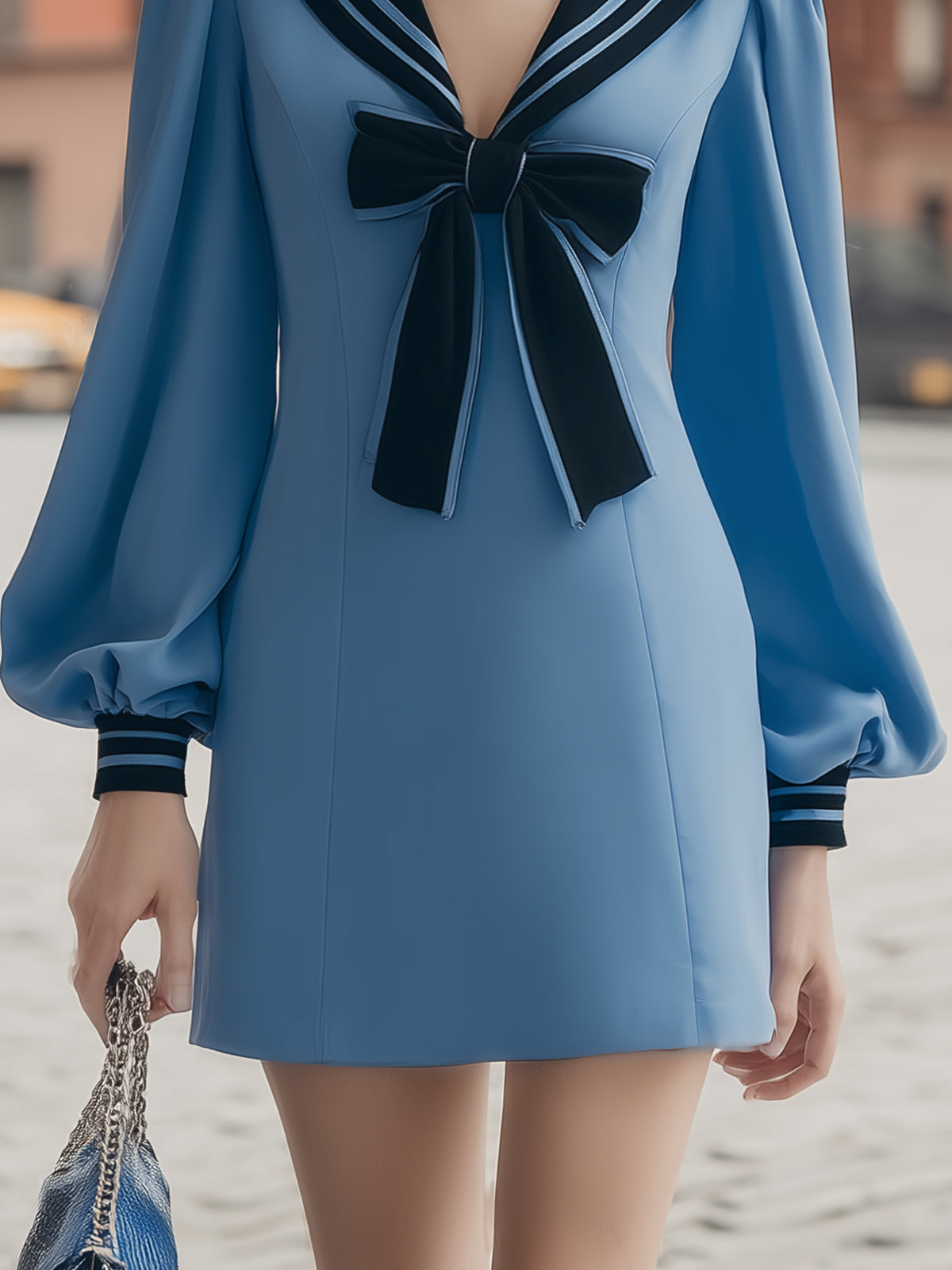 Maeyira Blue Sailor Collar Mini Dress with Navy Bow and Puff Sleeves