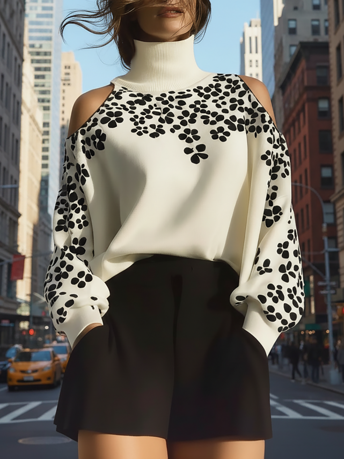 Maeyira Ivory Cold Shoulder Turtleneck - Bold Black Floral Print