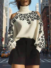 Maeyira Ivory Cold Shoulder Turtleneck - Bold Black Floral Print