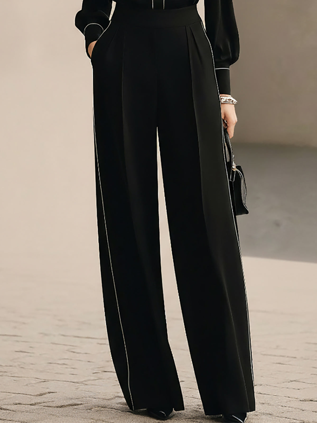Maeyira Black Shirt & Wide Leg Pants Set with Elegant White Piping