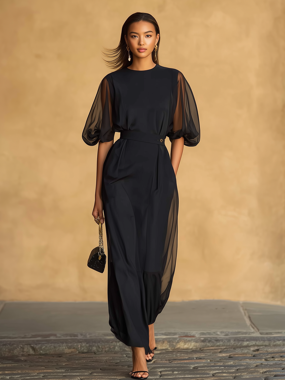 Maeyira Elegant 2-Piece Set - Sheer Sleeve Top & Wide Pants