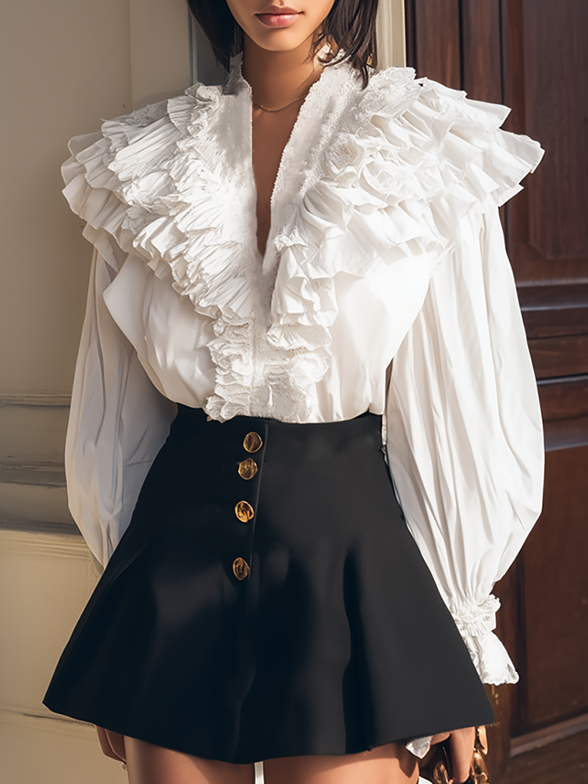 Maeyira White Black Two Piece - Ruffle Blouse Button Mini Skirt
