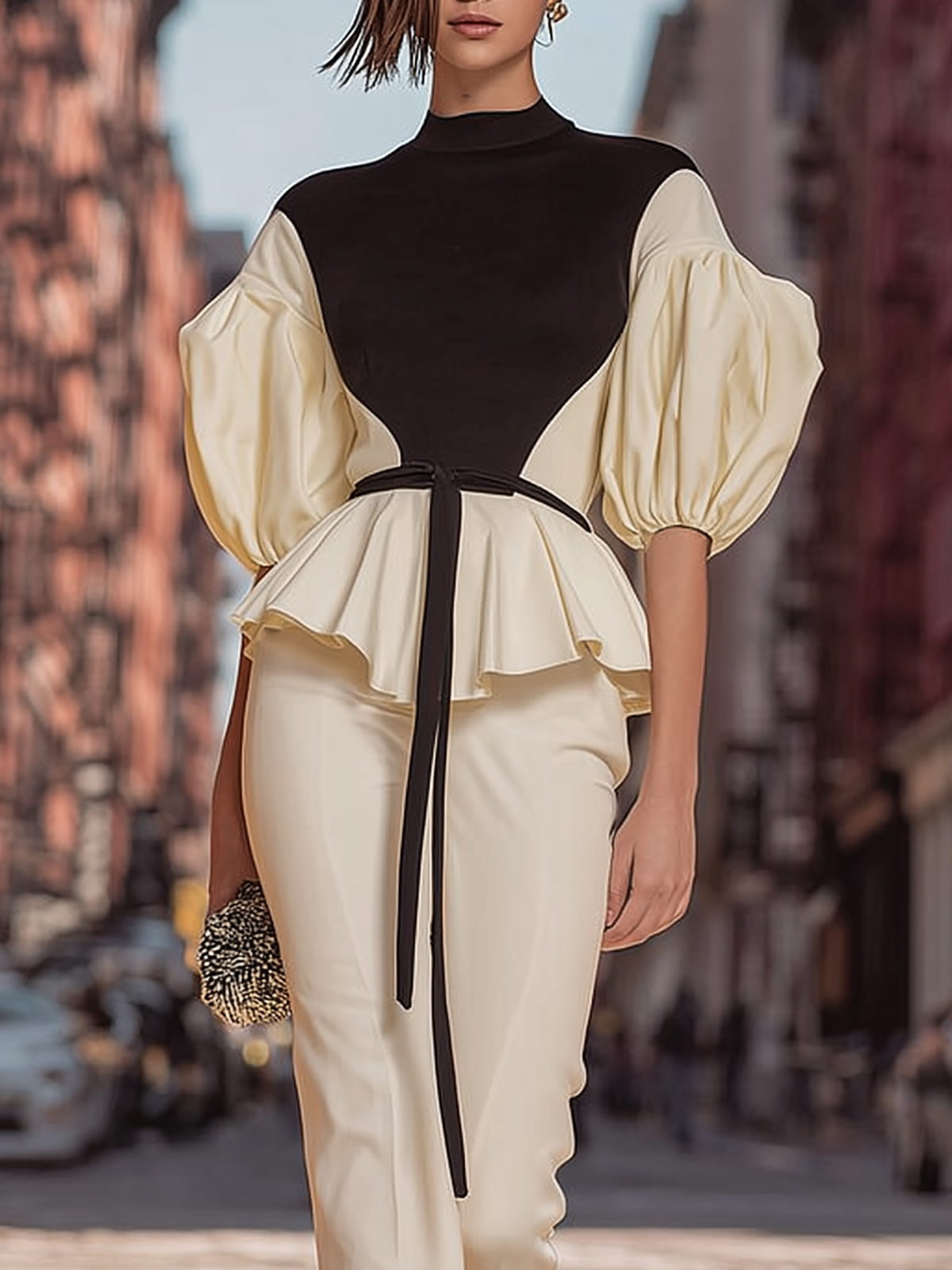 Maeyira Contrast Mock Neck Blouse with Stylish Peplum Hem