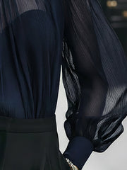 Maeyira Navy Blue Sheer Chiffon Blouse & Cami Set - Elegant Look