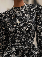 Maeyira Chic Black Floral Print Satin Mini Dress with Puff Sleeves