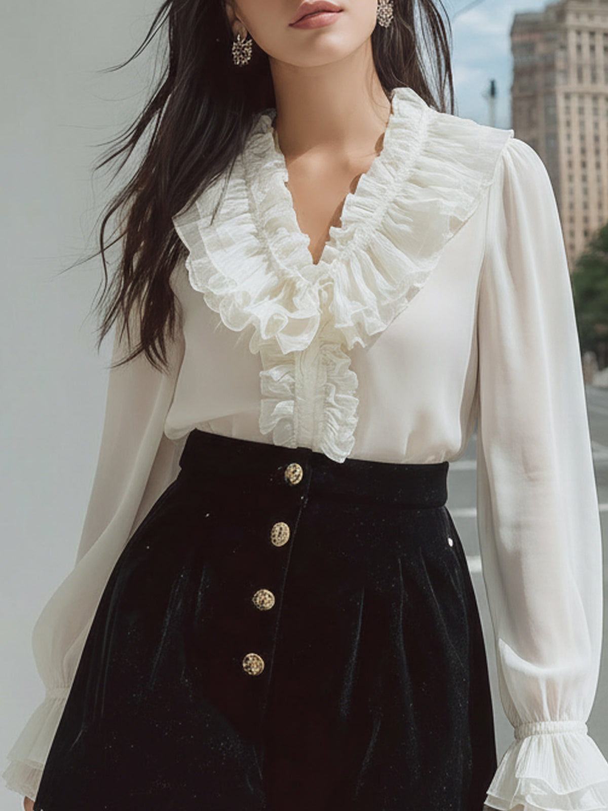 Maeyira Ruffled V-Neck Blouse and Velvet Shorts Fashion Set