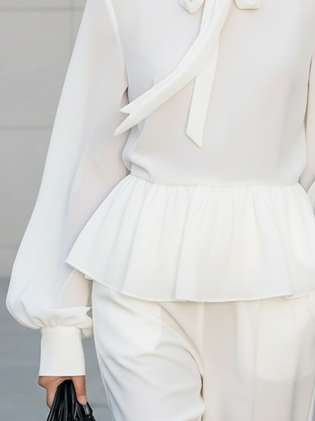 Maeyira Chic White Chiffon Blouse with Stand Collar & Ruffle Details