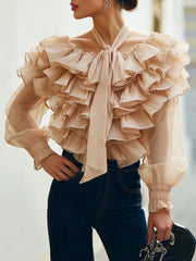 Maeyira Beige Ruffle Chiffon Blouse - Chic V-Neck Design