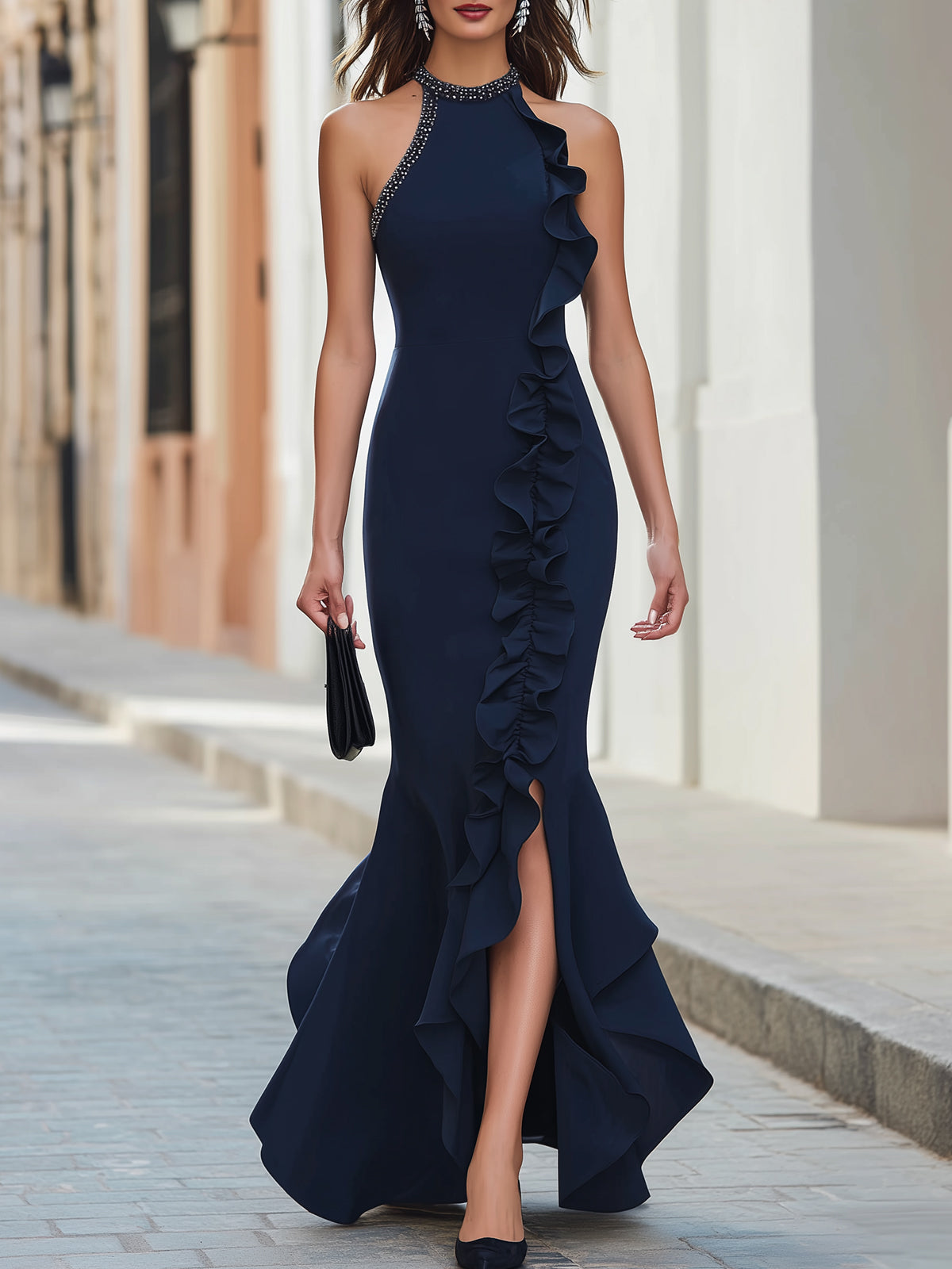 Maeyira Navy Blue Halter Maxi Dress Ruffle Trim High Slit