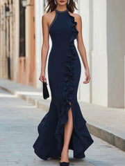 Maeyira Navy Blue Halter Maxi Dress Ruffle Trim High Slit