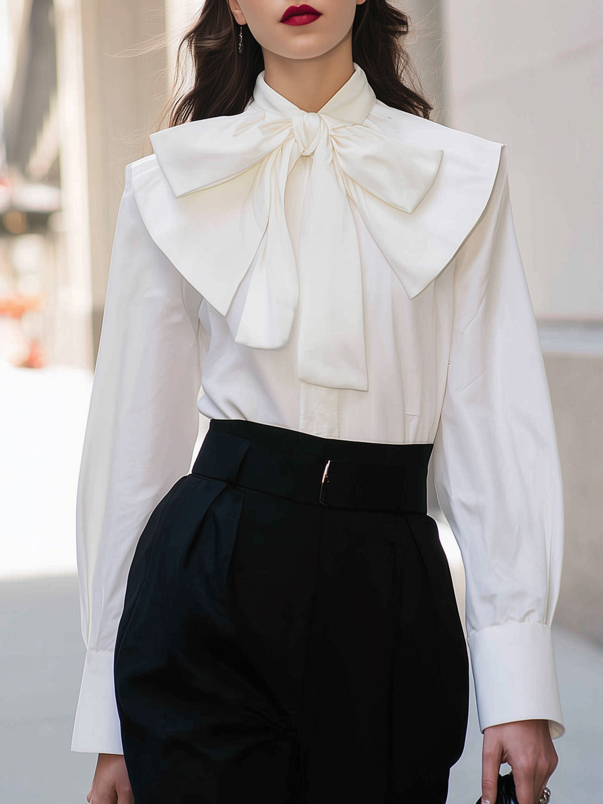 Maeyira Chic Vintage White Shirt - Large Bow Tie & Stand-up Collar