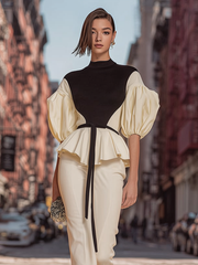 Maeyira Contrast Mock Neck Blouse with Stylish Peplum Hem