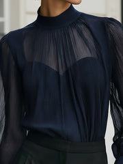 Maeyira Navy Blue Sheer Chiffon Blouse & Cami Set - Elegant Look