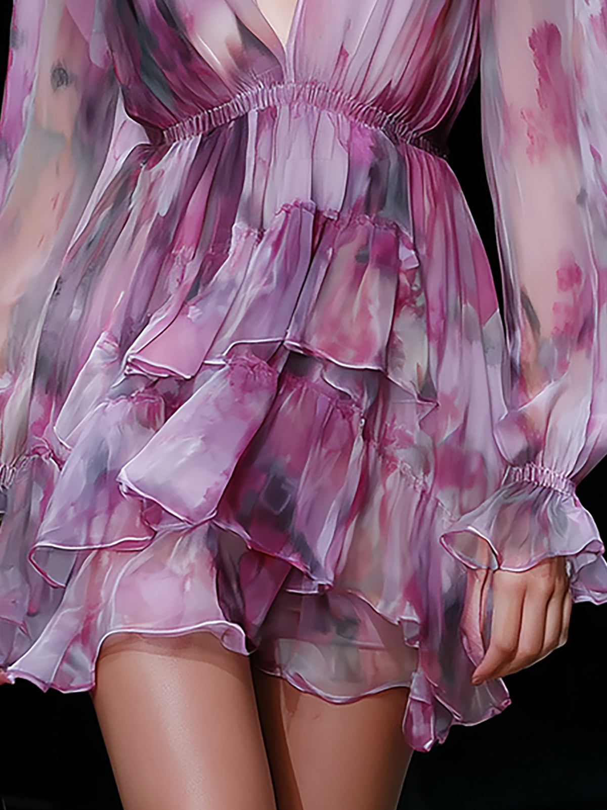 Maeyira Pink & Purple Chiffon Mini Dress V-Neck Layered Hem