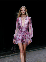 Maeyira Pink & Purple Chiffon Mini Dress V-Neck Layered Hem