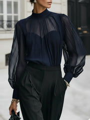 Maeyira Navy Blue Sheer Chiffon Blouse & Cami Set - Elegant Look