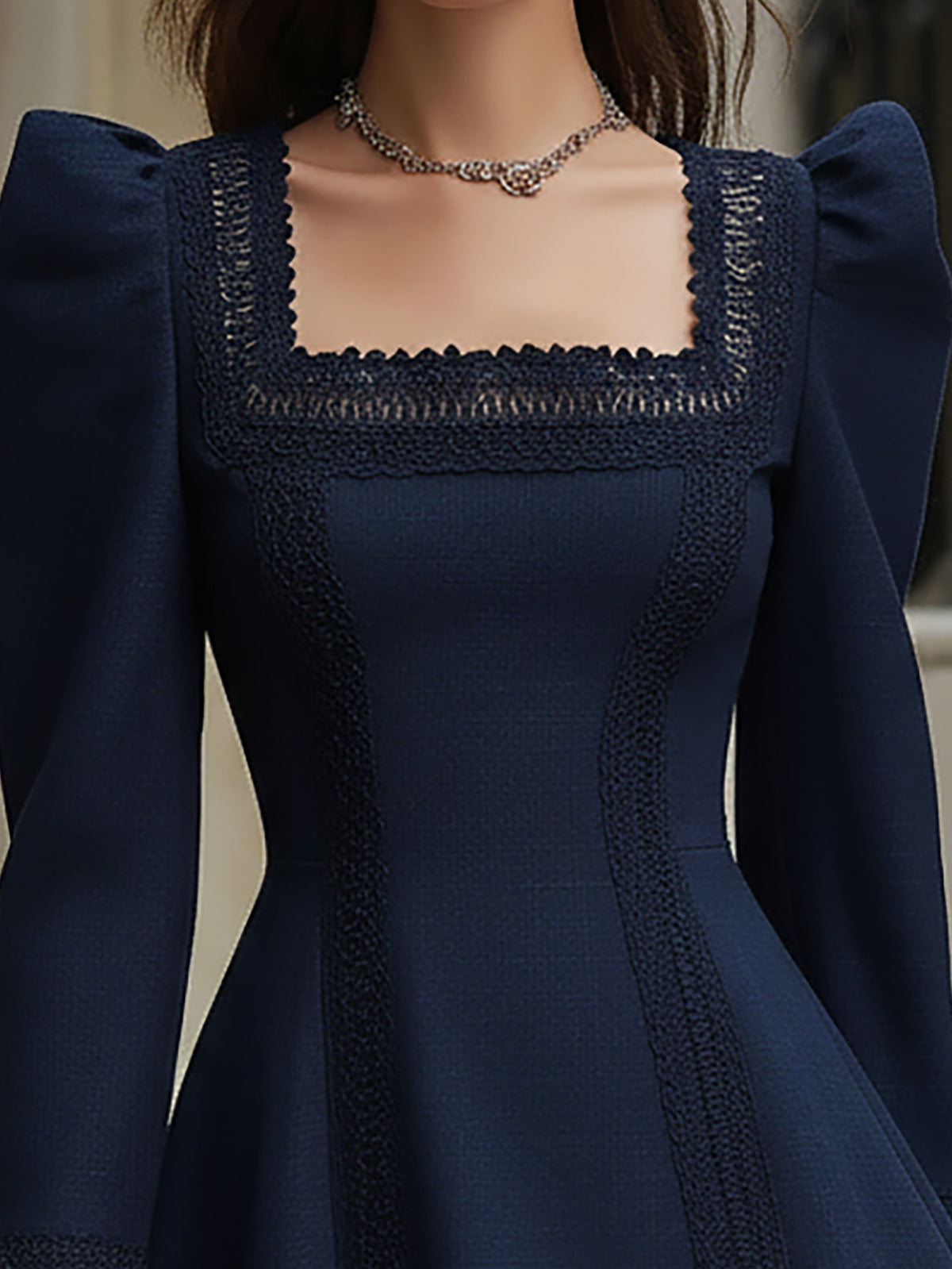 Maeyira Navy Blue Mini Dress with Lace Trim  Puff Sleeve
