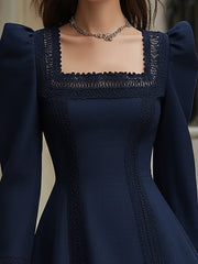 Maeyira Navy Blue Mini Dress with Lace Trim  Puff Sleeve