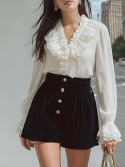 Maeyira Ruffled V-Neck Blouse and Velvet Shorts Fashion Set