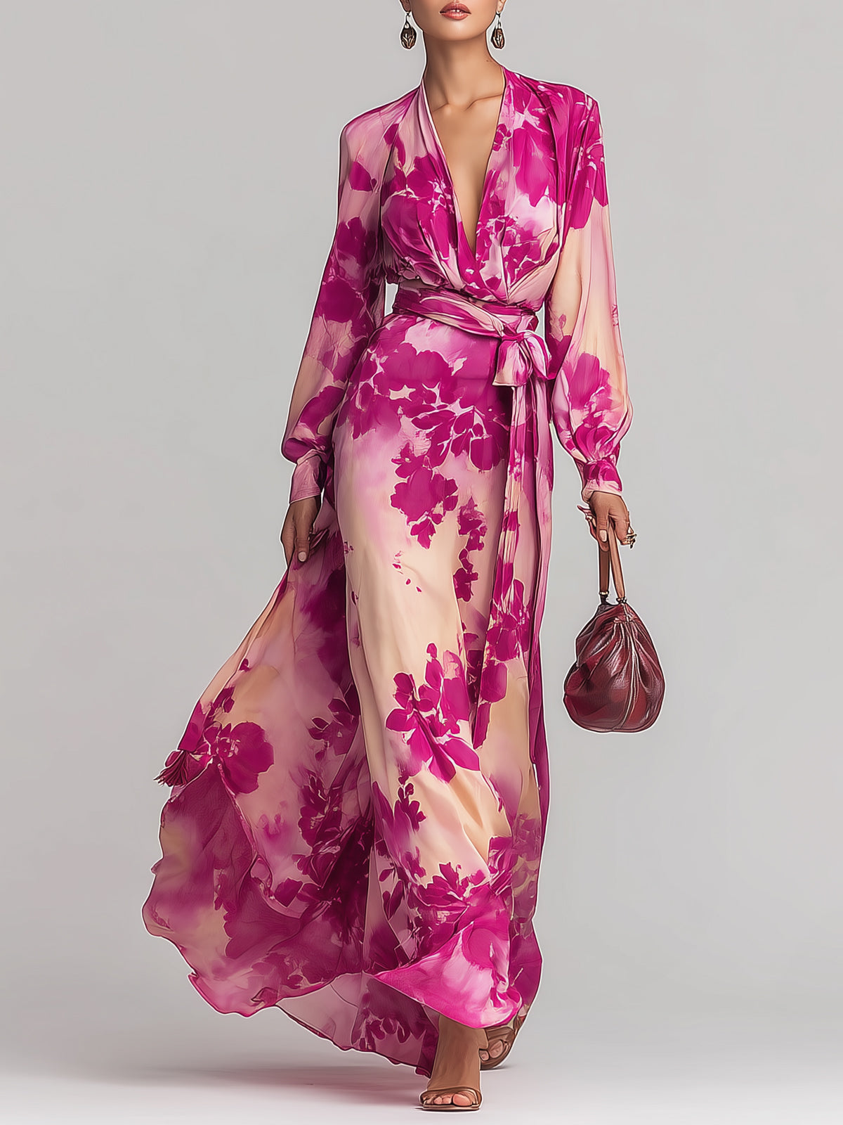 Maeyira Pink Floral Maxi Dress Deep V-Neck Wrap Tie Waist