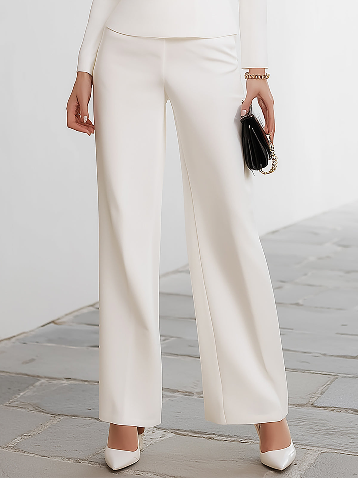 Maeyira White Cold-Shoulder Blouse and Wide-Leg Trousers Set