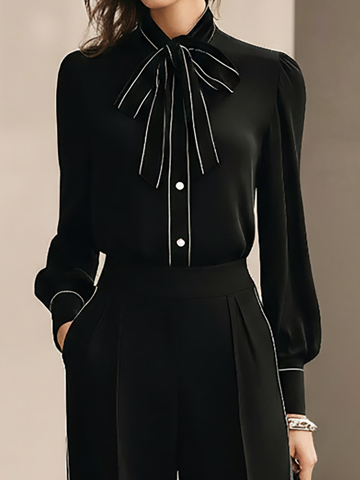 Maeyira Black Shirt & Wide Leg Pants Set with Elegant White Piping