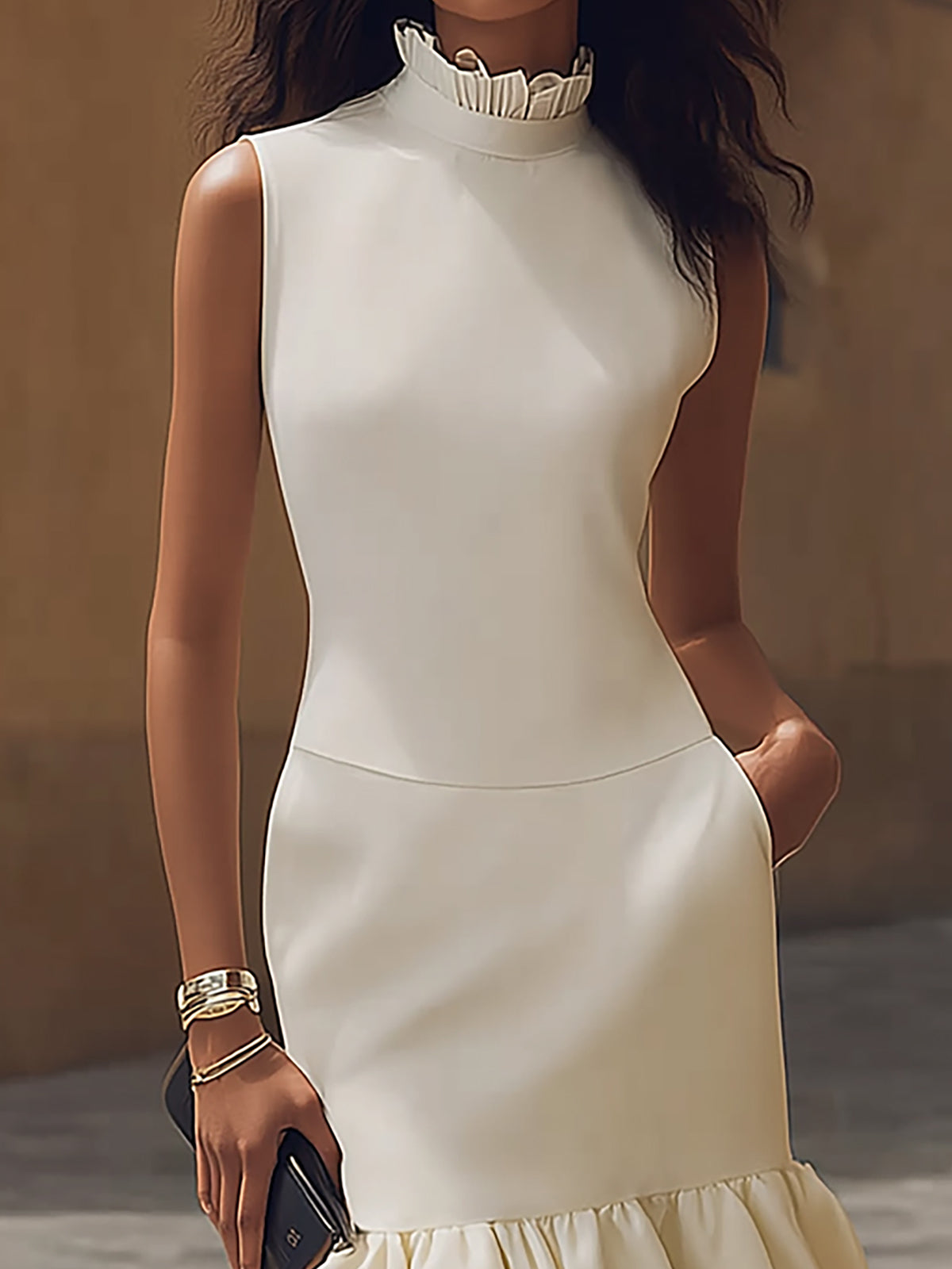 Maeyira Cream High-Neck Midi Dress with Ruffled Mermaid Hem